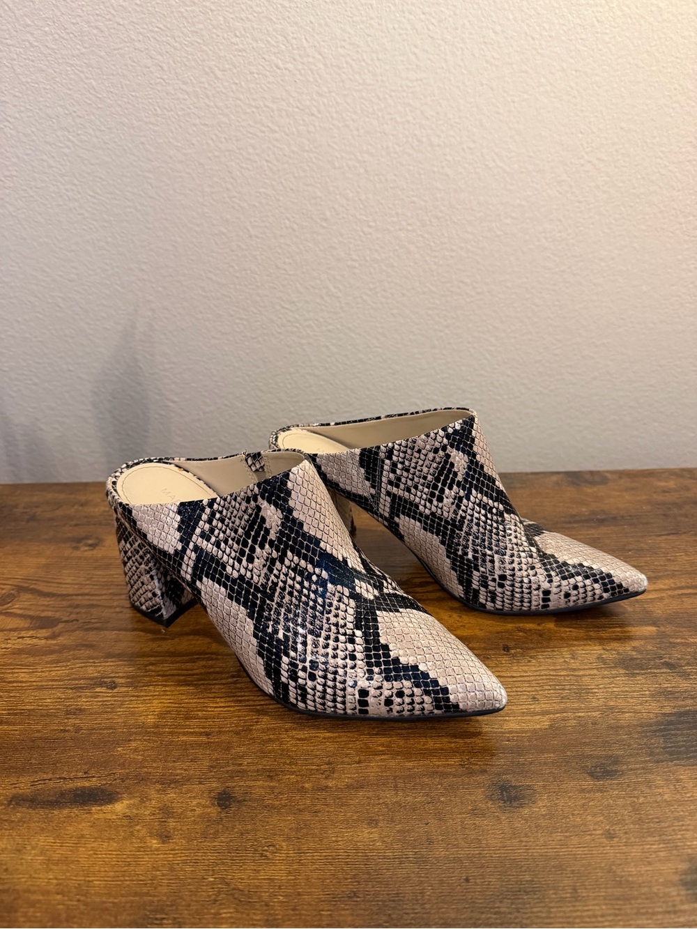 Marc Fisher Snake-Print Pointed Toe Mules in Beige and Black